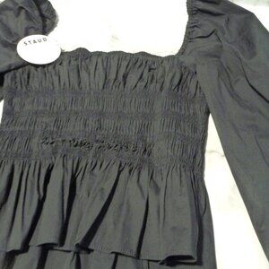 STAUD JULES SMOCKED PUFF-SLEEVE PEPLUM TOP BLACK WOMENS LARGE NEW WITH TAG